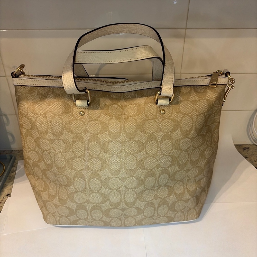 Coach F34614 Signature Canvas Tote Cream Leather Shoulder Bag - Picture 4 of 9